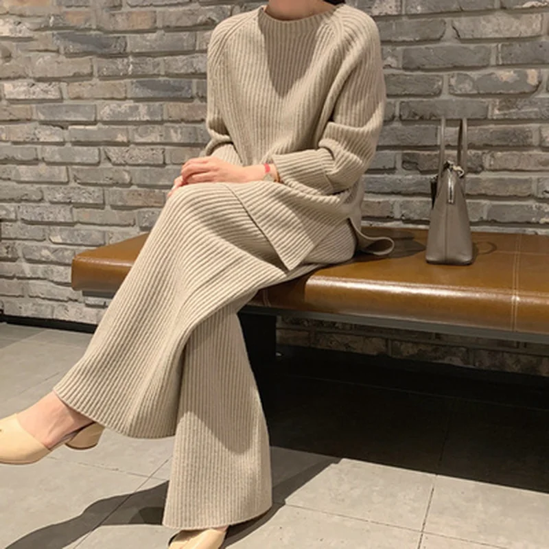 

Loose Knitted Two-piece Women Fashion Round Neck Sweater + Wide Leg Pants Woman Korean 2 Piece Set Women
