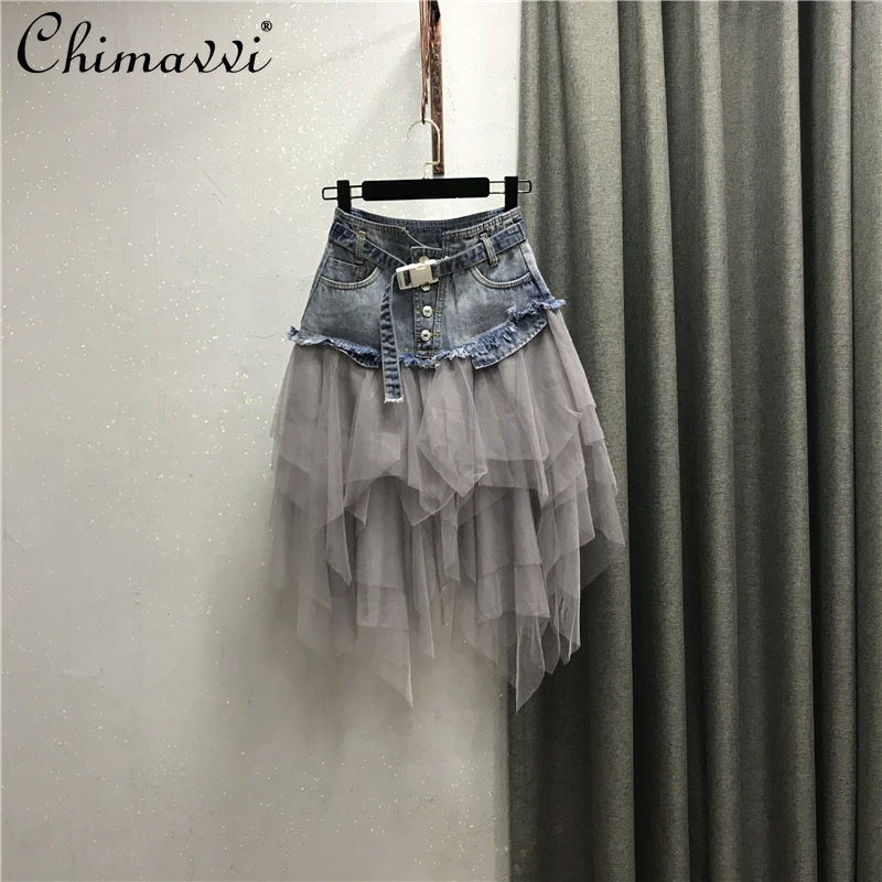 

Korean Style 2021 Spring New Mesh Stitching Women Skirts High Waist A Line Denim Skirt Ins Super Popular Female Skirt