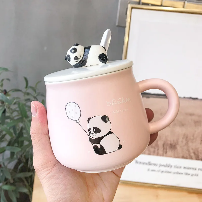 3D cartoon cute panda creative ceramic cup with lid spoon office couple mug coffee | Дом и сад