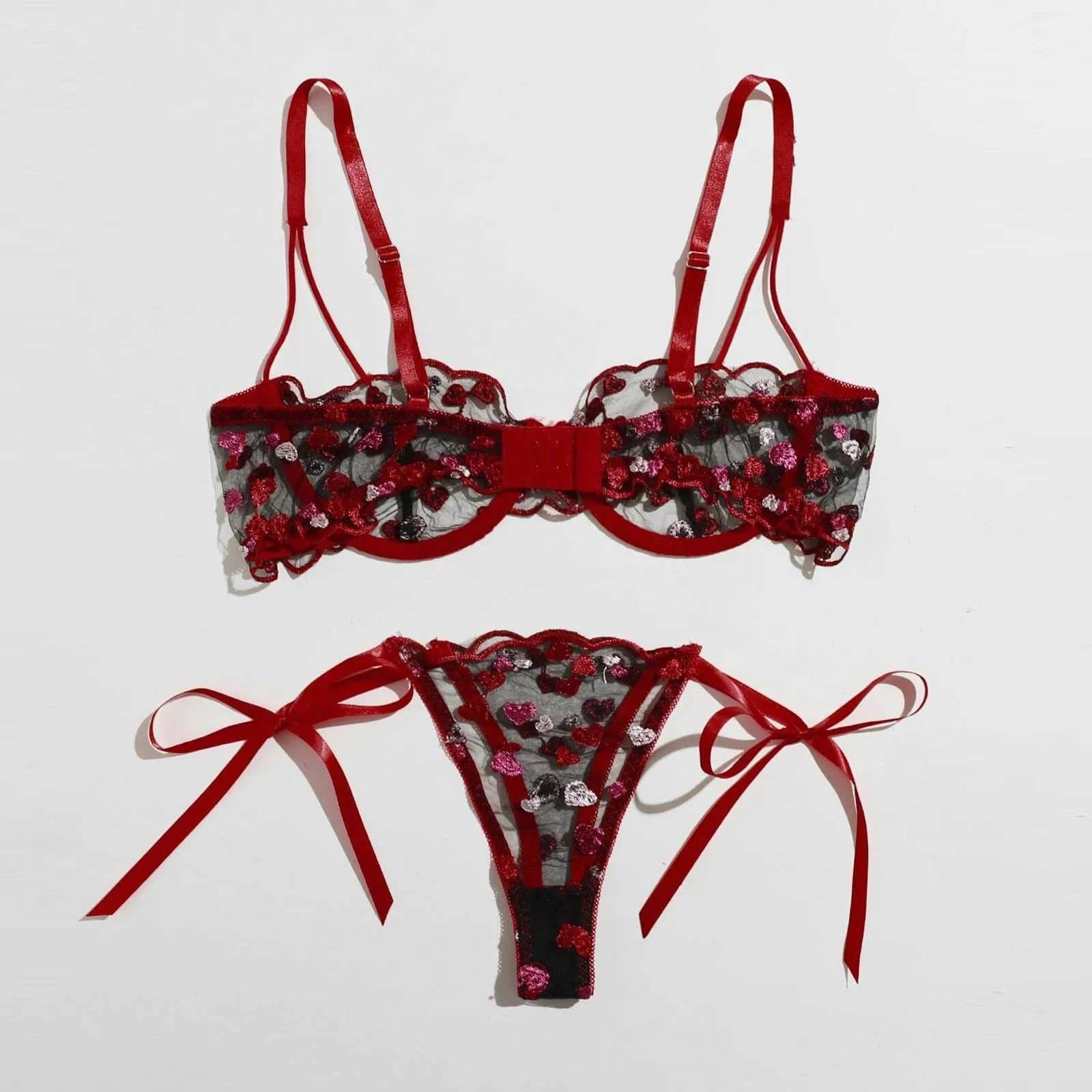 

Женское сексуальное нижнее белье, 2 шт., бюстгальтер, стринги, костюм, кружевное Эротическое нижнее белье с цветочной вышивкой, прозрачное ро...