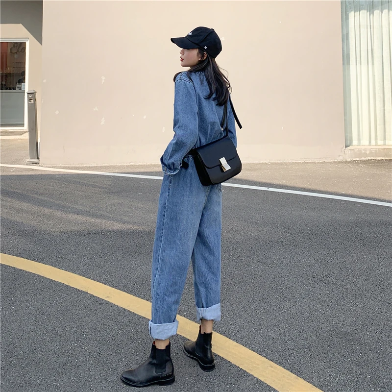 Женский джинсовый комбинезон в стиле бойфренда весенний Облегающий с длинным