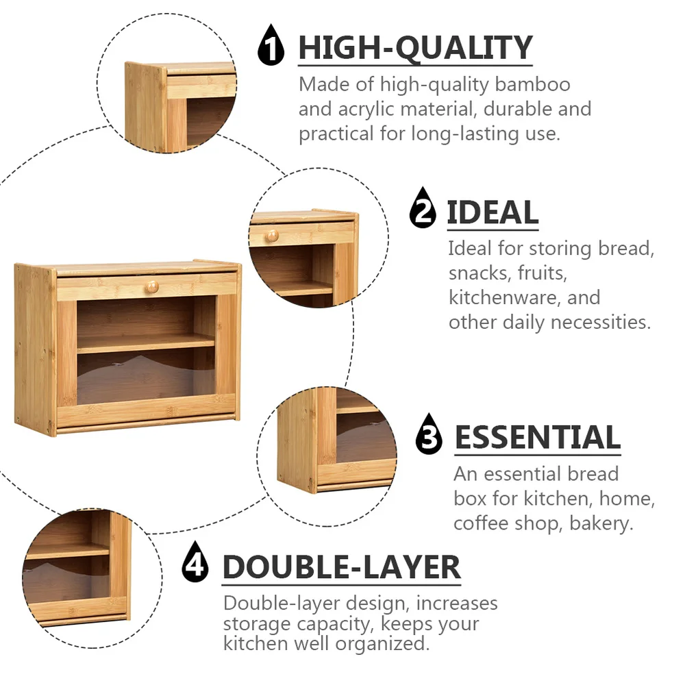 

1Pc Bamboo Bread Box Double Layer Storage Bin Home Kitchen Food Container