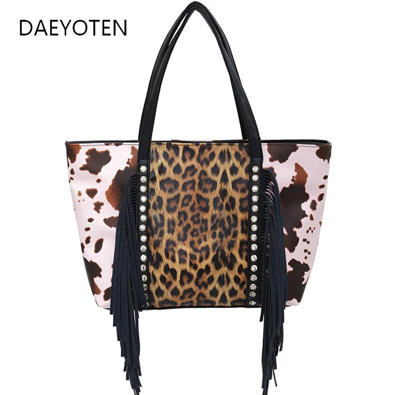 

DAEYOTEN Leopard Femme Pochette Totes Tassel Shoulder Bag Portable Large Capacity Shopping Bag Rivet Diamond Handbags ZM1185