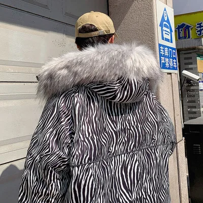 Zebra Pattern Large Fur Collar Cotton Coat Men's Fashion Couple Hooded Workwear Cotton Coat Men's Fashion Brand Winter Thermal