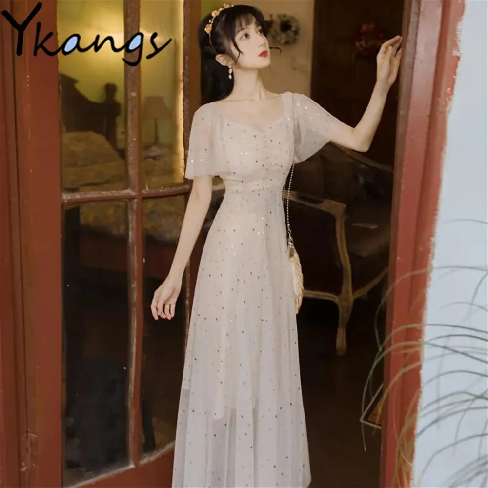 

Футболка с короткими рукавами Летний Новый жилет винтажная картина Цвет блестками женские миди платье уздечка газовое Гофрирование с v-обр...