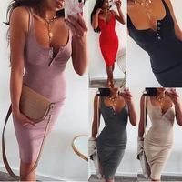 summer fashion u neck sexy sleeveless sling knitted button self cultivation chest leisure solid color womens slim dresses