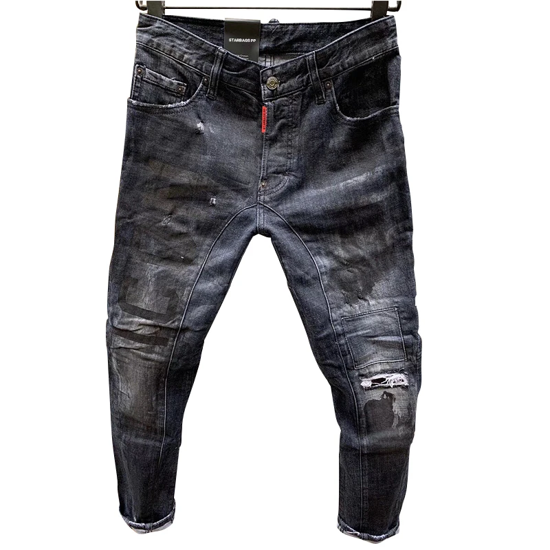 

Джинсы Starbags dsq облегающие эластичные с маленькими штанинами в итальянском стиле, потертые нашивки с дырками и наклейками, мужские брюки
