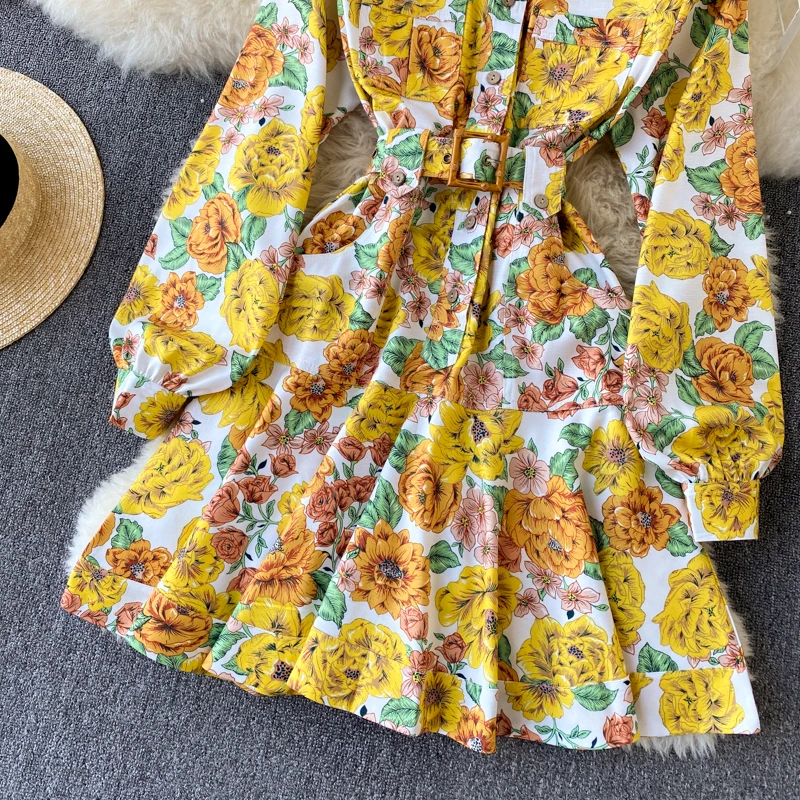

Muti-Color summer and autumn woman dress Turn Down Collar with belt loops dresses for women Lantern SleevesRuffle Hemline robe