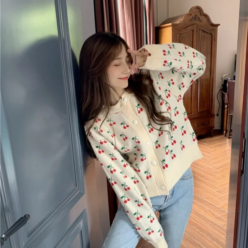 Harajpoo Women Cardigan Japanese Lazy Style Cherry Jacquard Sweater Spring Fall 2021 New Korean Loose Outer Knit Casual Tops |