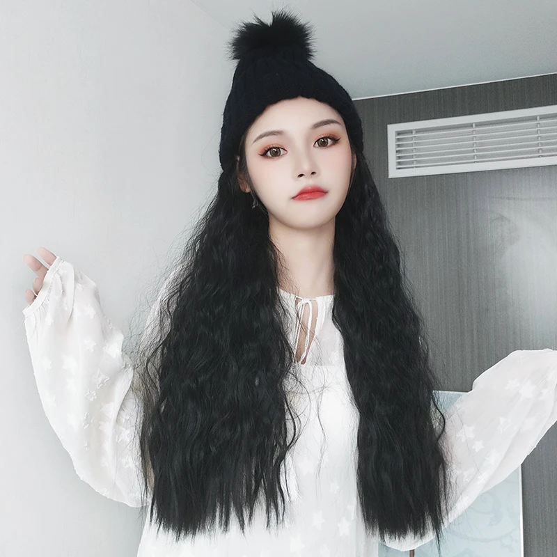 

Synthetic Long wavy curly hair with hat wigs Black Brown natural color False hair Clip-on hair extensions Hand woven hat PAGEUP