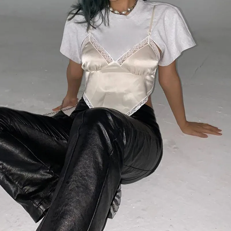 

Lace Patchwork Satin White Crop Top Women Straps V Neck Cami Ladies Backless Bustier Sexy Top Black Triangle Hem Tops