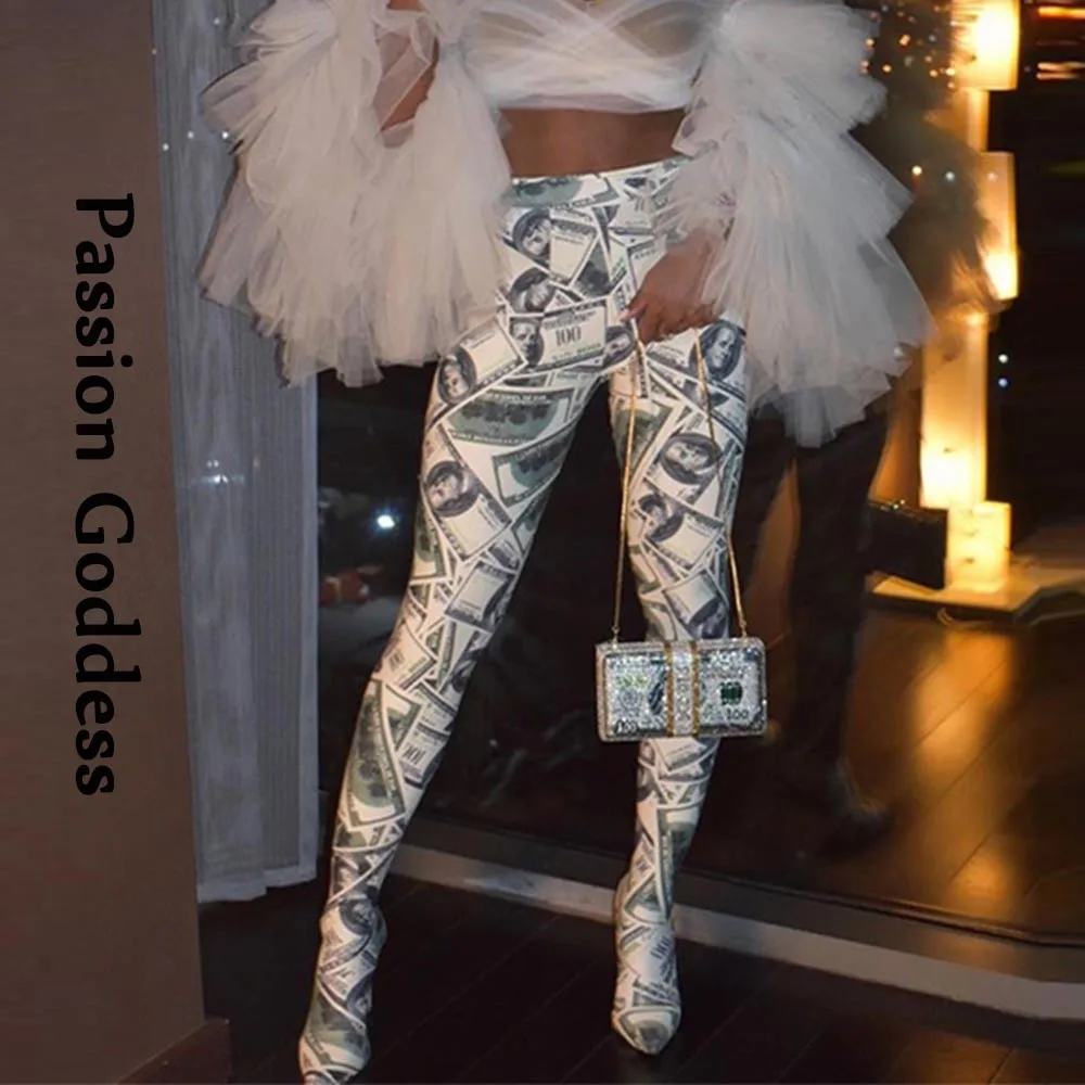Money USD Dollar Printed Women's Leggings Fashion Push Up Hips Party Leggings Elastic High Waist Seamless Slim Fit Leggings Fall