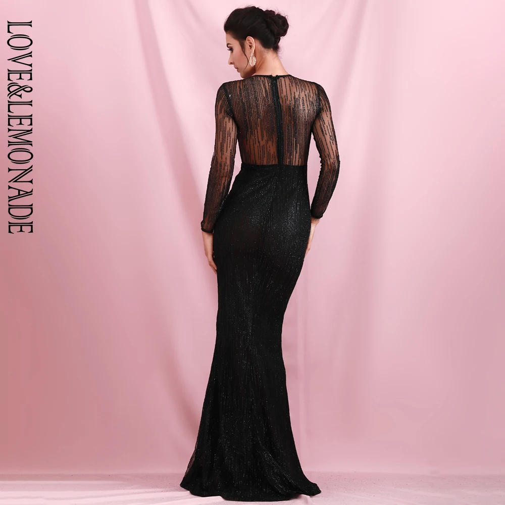 

LOVE&LEMONADE Black Round Neck Long Sleeve Perspective Back Bodycon Glitter Glued Material Maix Dress LM6496-9