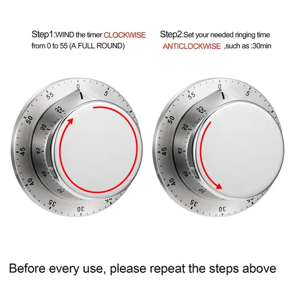 Кухонный таймер из нержавеющей стали с магнитной основой ручной механический