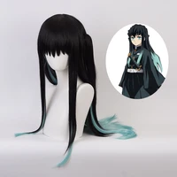 anime demon slayer cosplay wig high temperature material tokitou muichirou black and blue mixed color straight hair wig