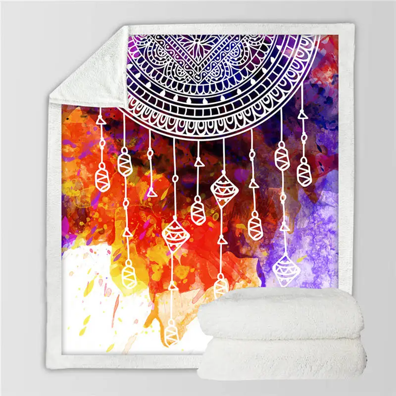Colorful BeddingOutlet Soft Velvet Plush Throw Blanket Watercolor Dreamcatcher Sherpa Blanket for Couch Blue and Pink Throw Travel - Цвет: Colorful