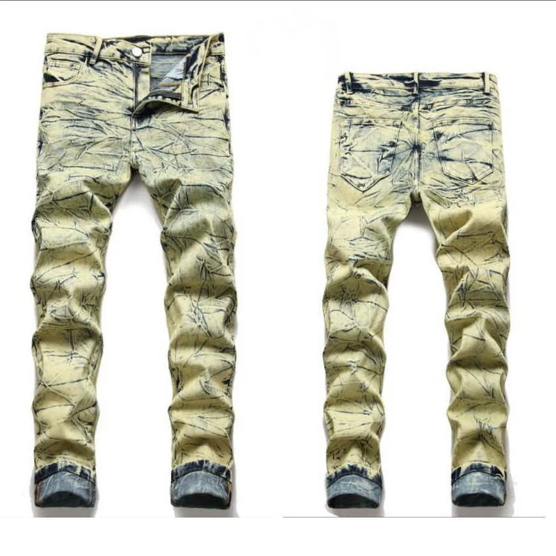 Men Jeans Patchwork Slim Multicolor Skinny Jeans Streetwear Ripped Stretch Denim Pants Holes Trousers Multiple Styles