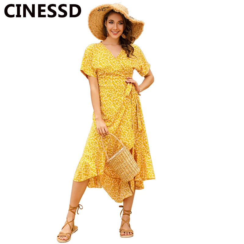 Женское длинное платье с цветочным принтом V образным вырезом и коротким