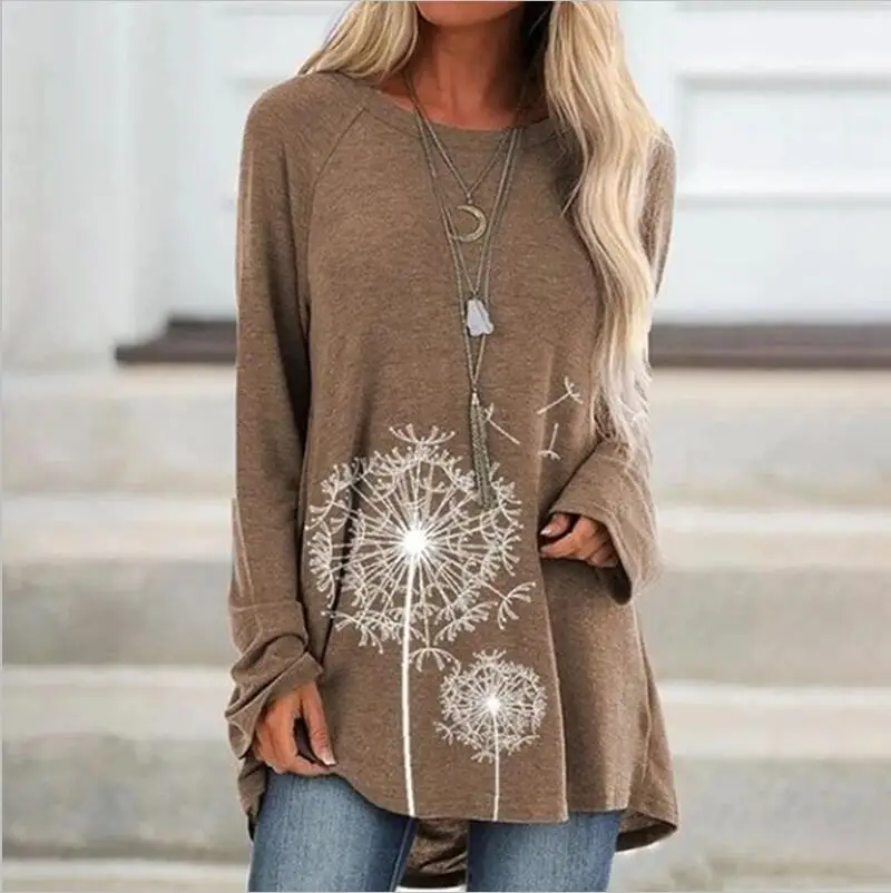 khaki dandelion Женская туника, топы размера плюс 5XL, осенне-зимняя повседневная футболка с круглым вырезом и принтом, топы с длинным рукавом и принтом, blusas mujer de moda - Цвет: khaki dandelion