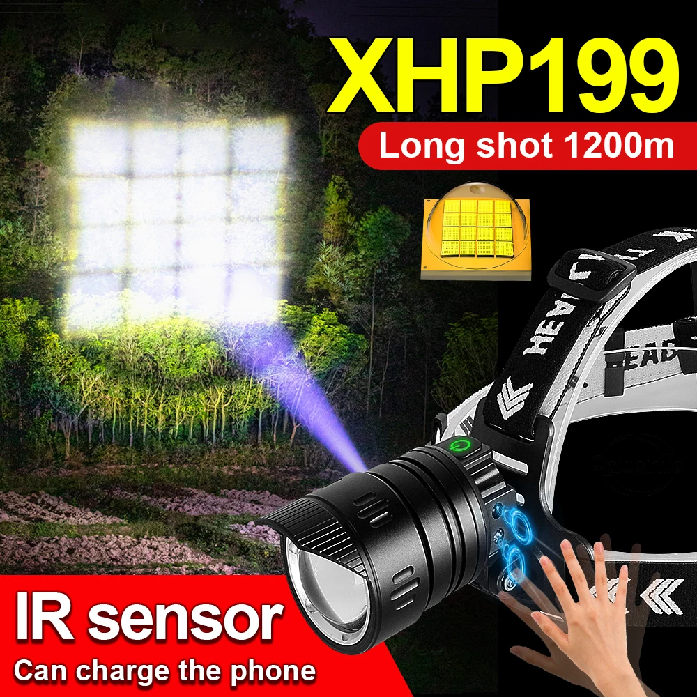 

Новый светодиодный налобный фонарь XHP199, самый мощный налобный фонарь с ИК-датчиком, перезаряжаемый налобный фонарь 18650 XHP120, Usb, Головной фона...