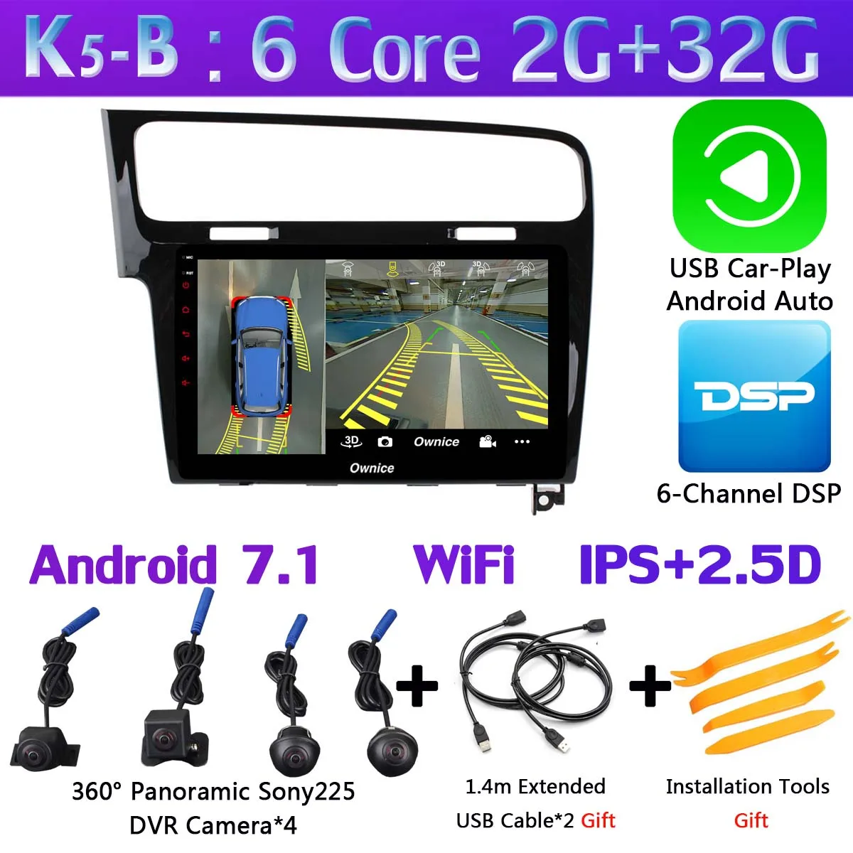 Панорамная камера 360 ° 4G LTE Android 9,0 4G+ 64G DSP CarPlay Автомобильный плеер для Volkswagen Golf 7 MK7 2013- gps радио - Цвет: K5-B-CarPlay