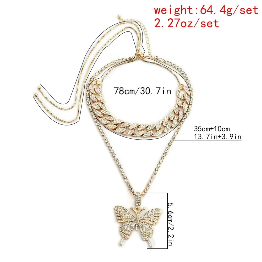 

Butterfly Pendant Necklace for Women 2021 Vintage Punk Aesthetic Layered Accessories Luxury Jewelry Charm Cuban Iced Out Chain