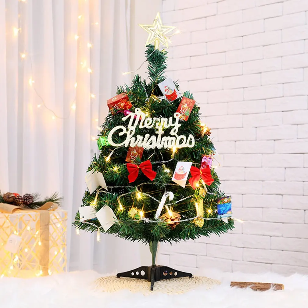 

30/45/60cm Mini Christmas Tree With Lights Small Accessories Bow Bells Pine Cone Gifts Christmas Desktop New Year Decorations