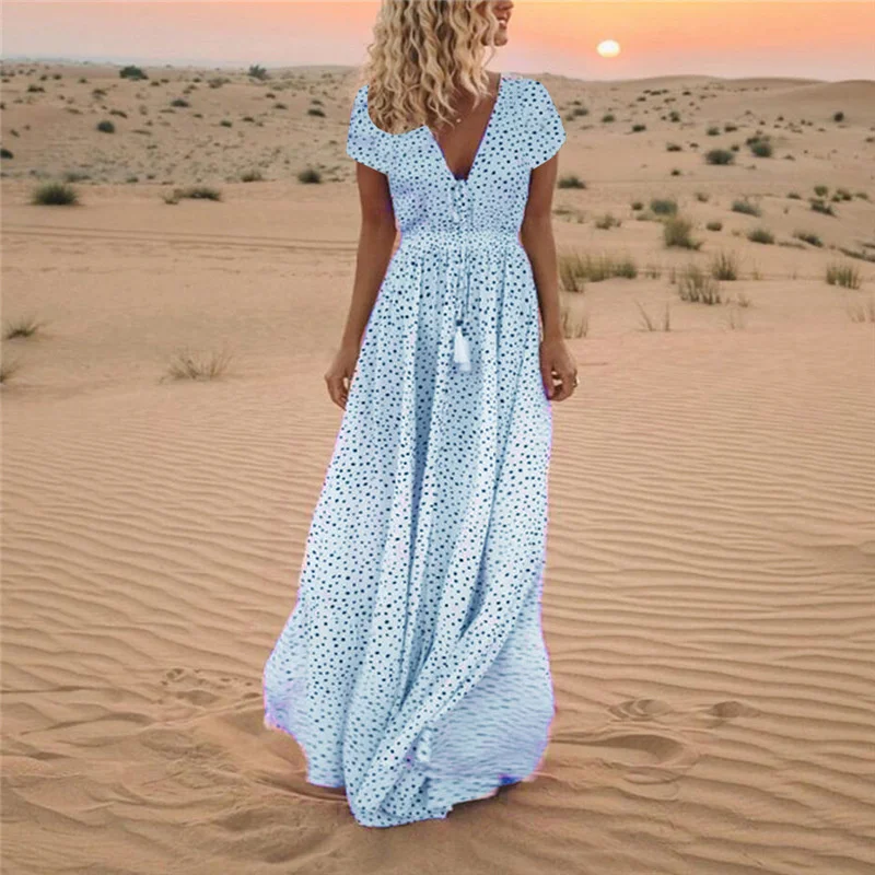 

Boho Dress 2021 Summer Women Beach Long Dress Elegant Polka Dot Print V Neck Party Dress Vintage Tassel Short Sleeves Maxi Dress