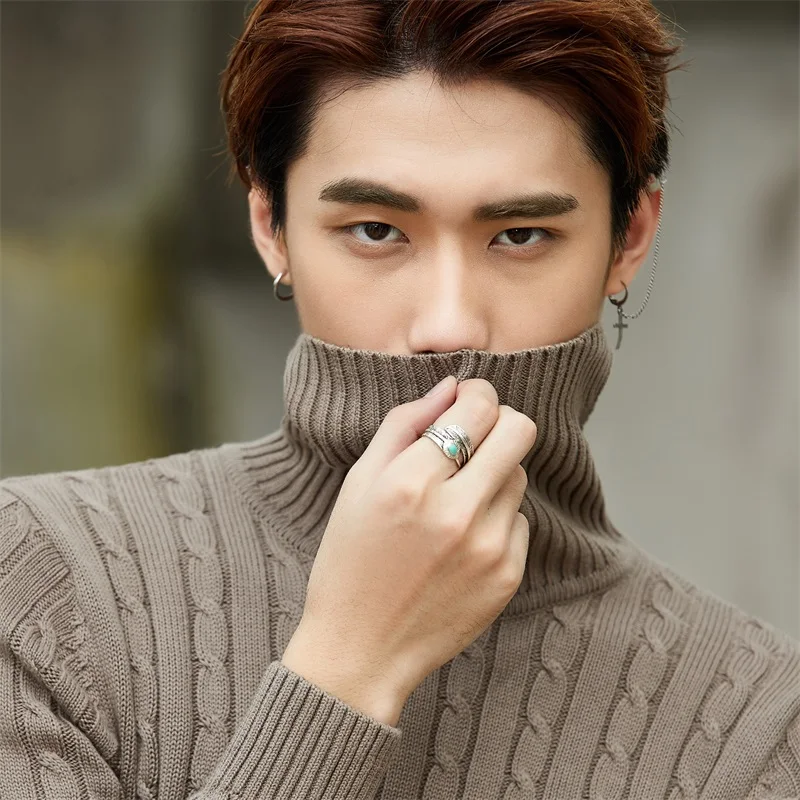 Мужской толстый свитер s теплый кашемировый с высоким воротником облегающий