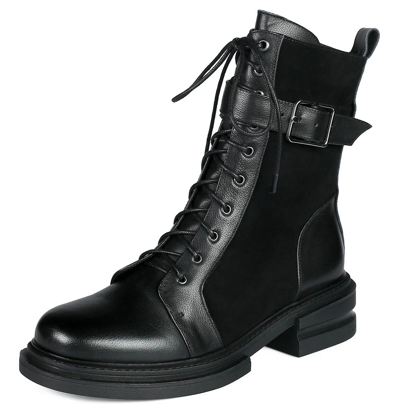 

Female Motorcycle Boots For Women Autumn Winter Thick med Heels Shoes Woman Genuine Leather patchwork lace up Ankle Boots