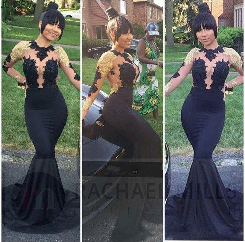 

2020 Black Mermaid Evening Dresses High Neck Sheer Long Sleeves Illusion Bodices Gold Appliques Sexy Backless Prom Dresses