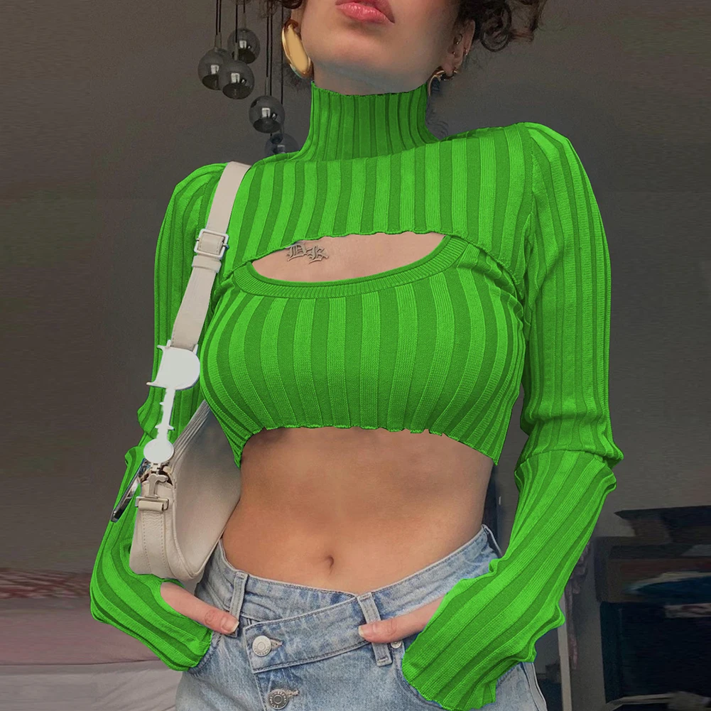

YiYiMiYu Autumn Fashion Turtleneck Women Top 2 Pieces Long Sleeve Cropped Top T-Shirts Y2K Striped Knitted Top Tees Slim