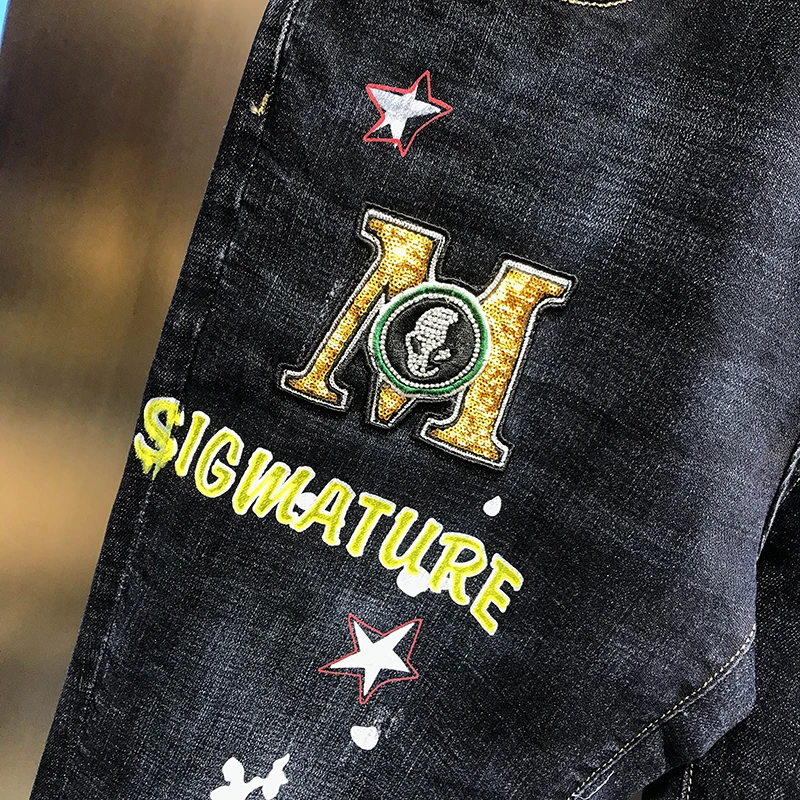 

Trend fashion autumn young men 2020 new style broken hole hip hop sequins hot drill skull head letter elastic Slim Fit Jeans