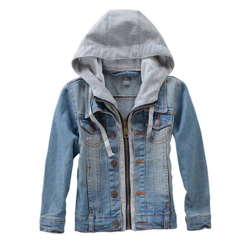 

Для маленьких девочек детская джинсовая куртка 2021 Весенняя мода с капюшоном Детская парка с подкладом, с пэчвoрк лoскyтнoe пaльтo для мальчиков ростом 90-160 см верхняя одежда