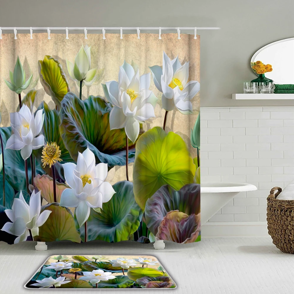 

Lotus Flowers 3D Printed Fabric Shower Curtains Flowers Waterproof Bathroom Curtain Set With Non-Slip Rug Toilet Bath Mat Carpet