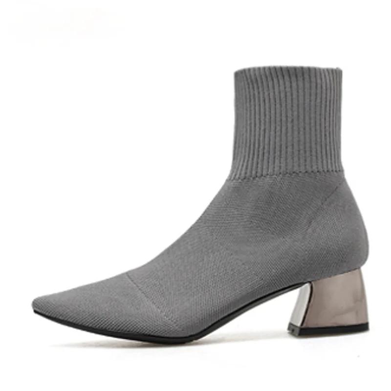 

2021Autumn WinterKnitted Stretch Fabric Socks Women Boots Low Heel Short Boots Gray PointedToe Women Ankle Boots Womens Boots