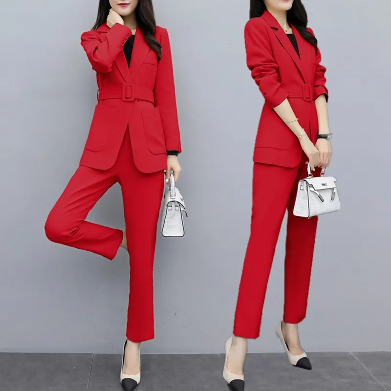 

Red 2 Piece Office Set Women Two Piece Women Pants Sets Ensemble Femme Deux Pieces Year-old Female Costume Woman Suit