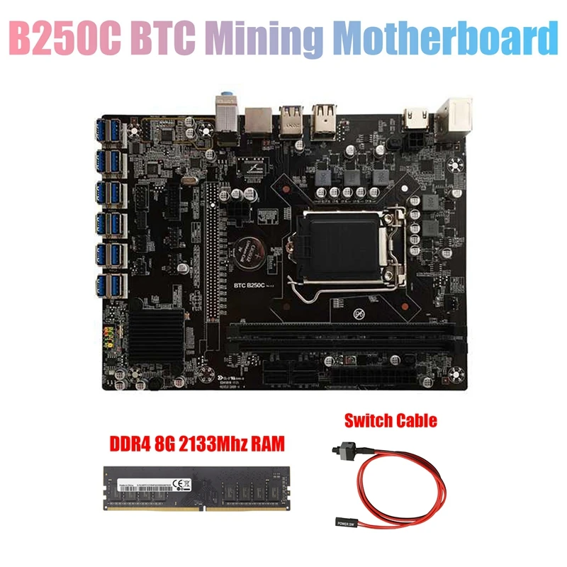 

Материнская плата B250C для майнинга BTC + кабель коммутатора + DDR4 8 Гб 2133 МГц ОЗУ 12xpcie на USB3.0 слот GPU LGA1151 материнская плата компьютера