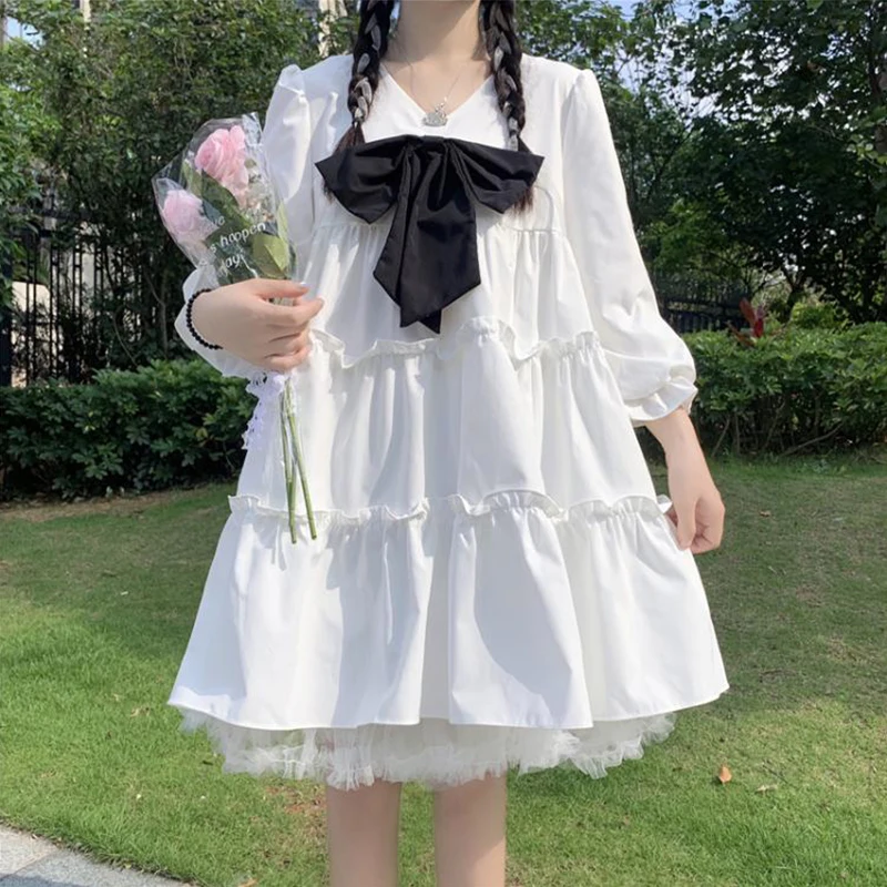 

Harajuku Lolita Long-Sleeve Soft Sweet Women's Dress Japanese Style V-Neck Bowknot Loose Waist Dresses Kawaii Student Vestidos