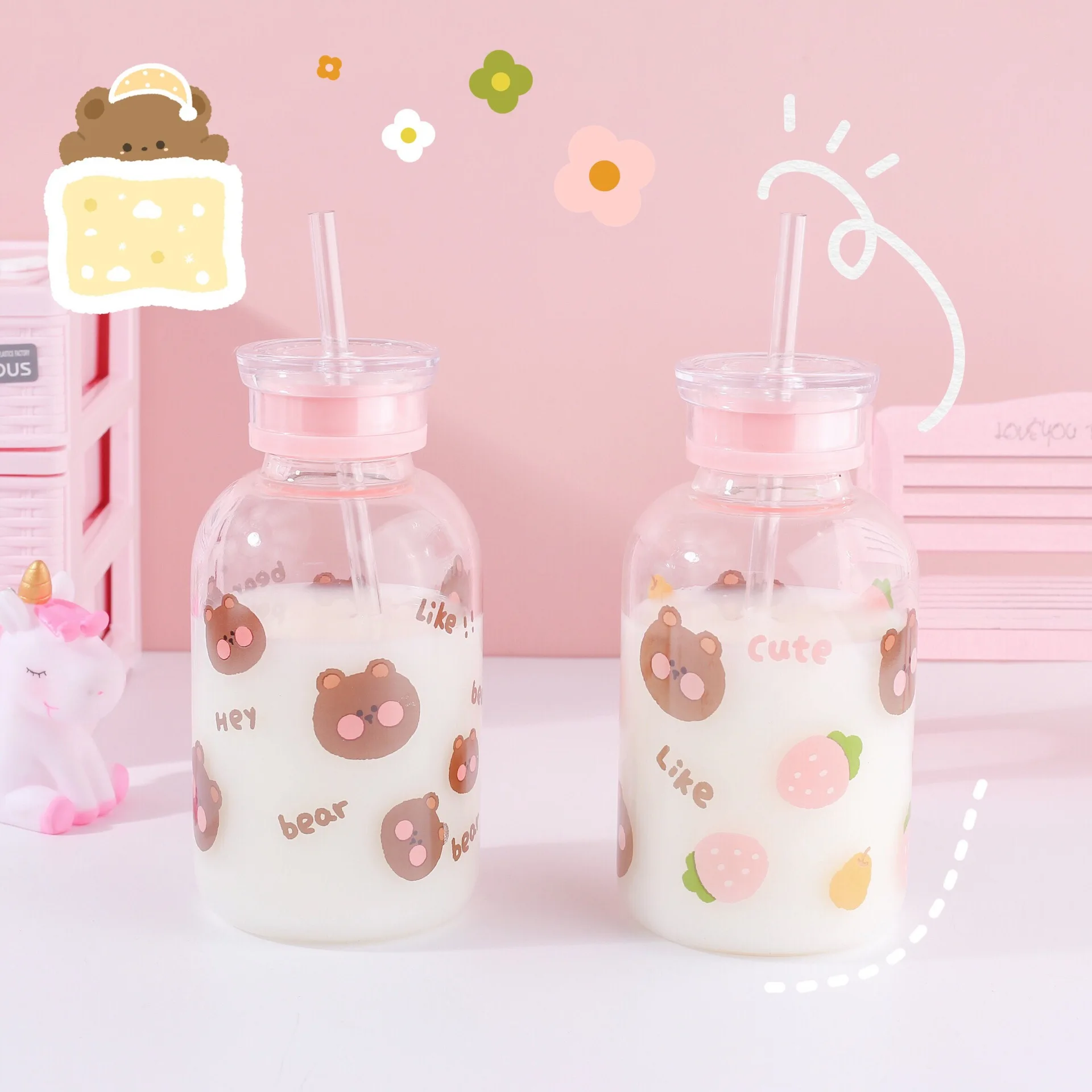 Новинка 450 мл Kawaii клубника медведь стеклянная бутылка для воды с соломенной милой