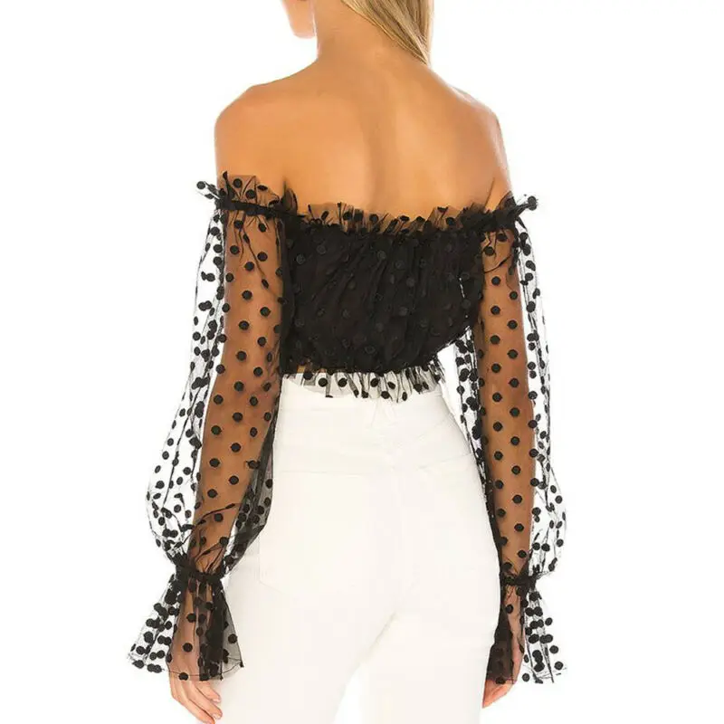 

Fashion Women Slash Neck Lace See-through Blouse Polka Dot Puff Long Sleeve Shirt Off Shoulder Transparent Tops