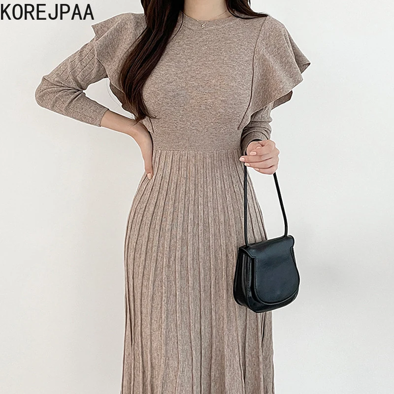 

Korejpaa French Elegant Dress Women Round Neck Stitching Ruffled Slim High Waist Solid Color Knitted Dresses Outwear Casual