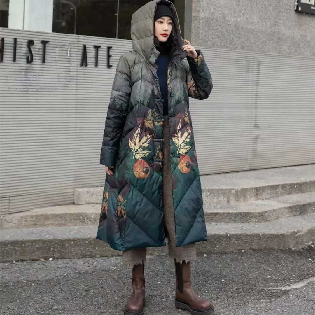 

Пуховик с принтом в этническом стиле, модные зимние парки, длинная толстая куртка большого размера с капюшоном на белом утином пуху, свободная теплая пуховая куртка