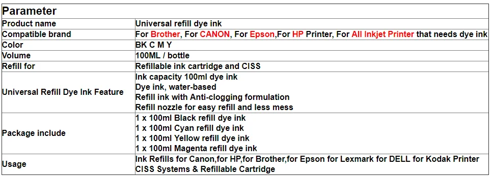 100 мл/бутылка краска для заправки чернил для Epson Canon hp принтер Универсальный СНПЧ бак чернила для струйного принтера чернила для hp для Canon для Epson