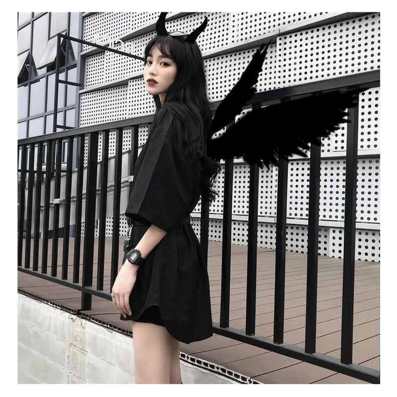 Винтажные женские топы в стиле Харадзюку с ремнем сумки черные повседневные