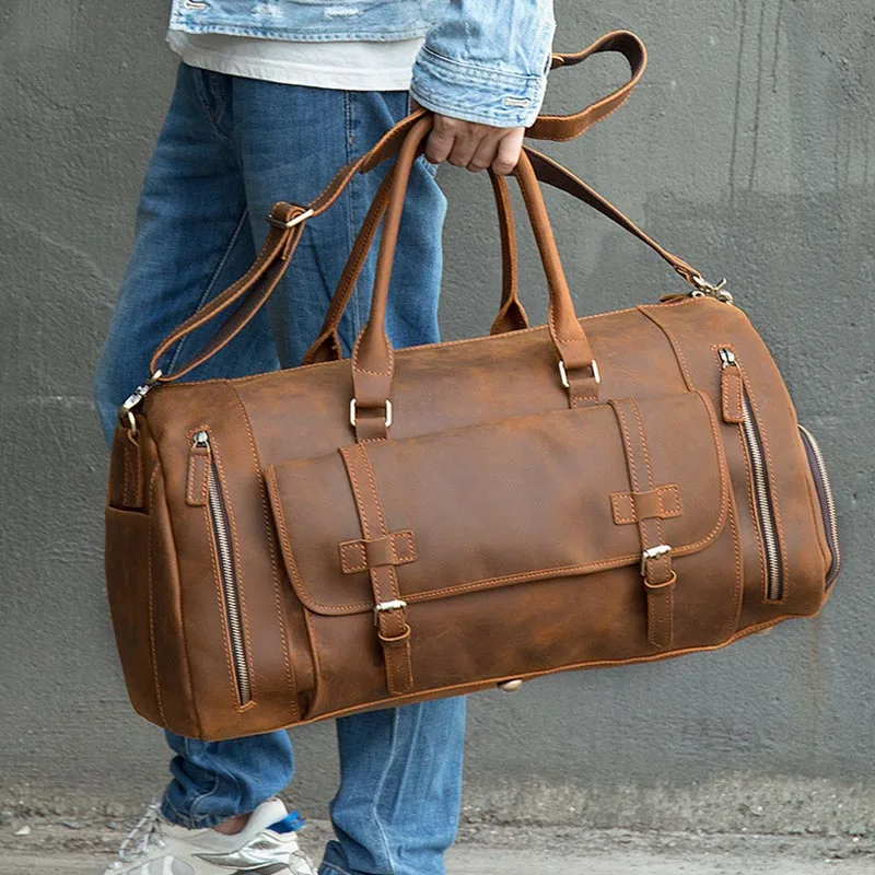 Men Genuine Leather Travel Duffel Bag With Shoe Pocket 20