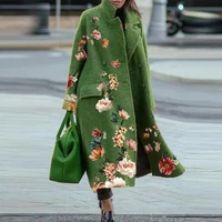 elegant autumn street lady long cardigan coats fashion floral print pocket long sleeve jacket 2021 winter women blend wool coat
