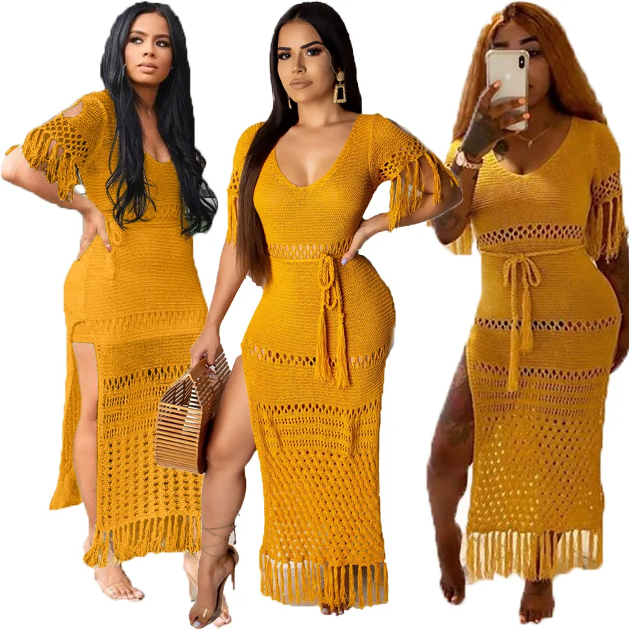 Women's Swim Cover Up Plus Size Sexy Knitting Crochet Beach Dress Tunic Swimsuit Wear Cover Ups Tassel Belt Yellow Kaftan Praia