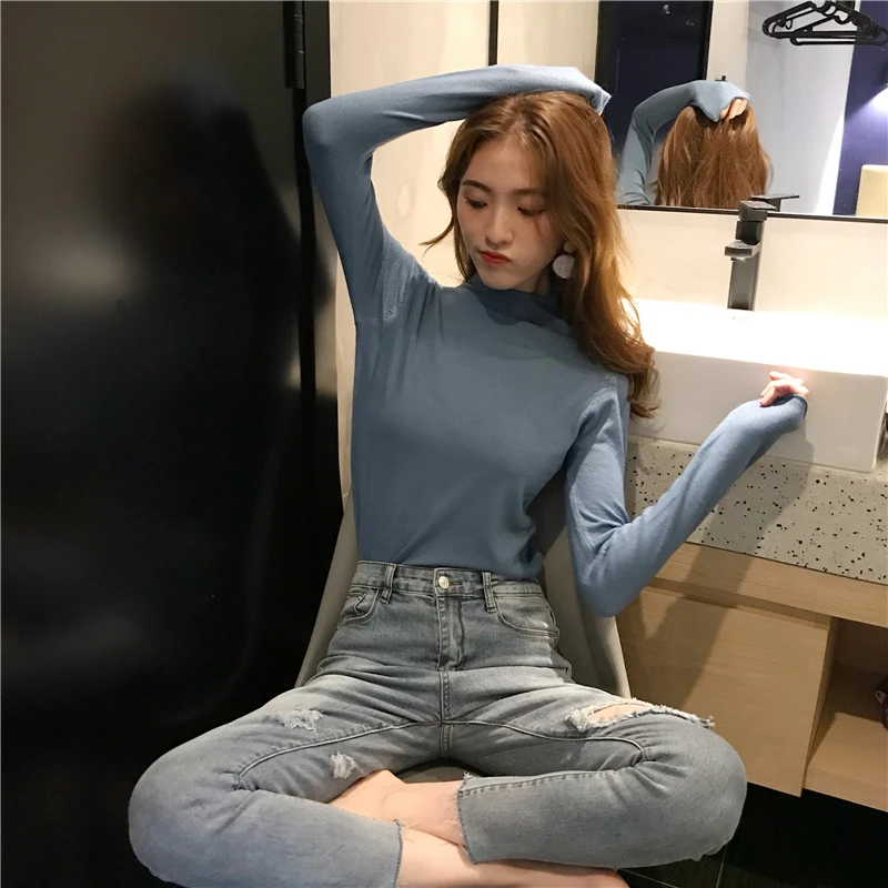 Облегающие трикотажные рубашки для женщин однотонные свитера облегающие