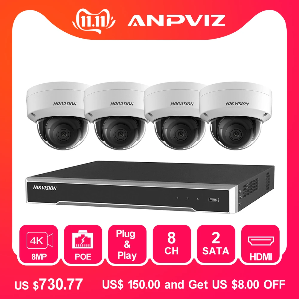 Hikvision 8ch камера безопасности Система POE 8MP 4 шт. наружная ip-камера система видеонаблюдения POE NVR комплект 8MP водонепроницаемая Поддержка P2P